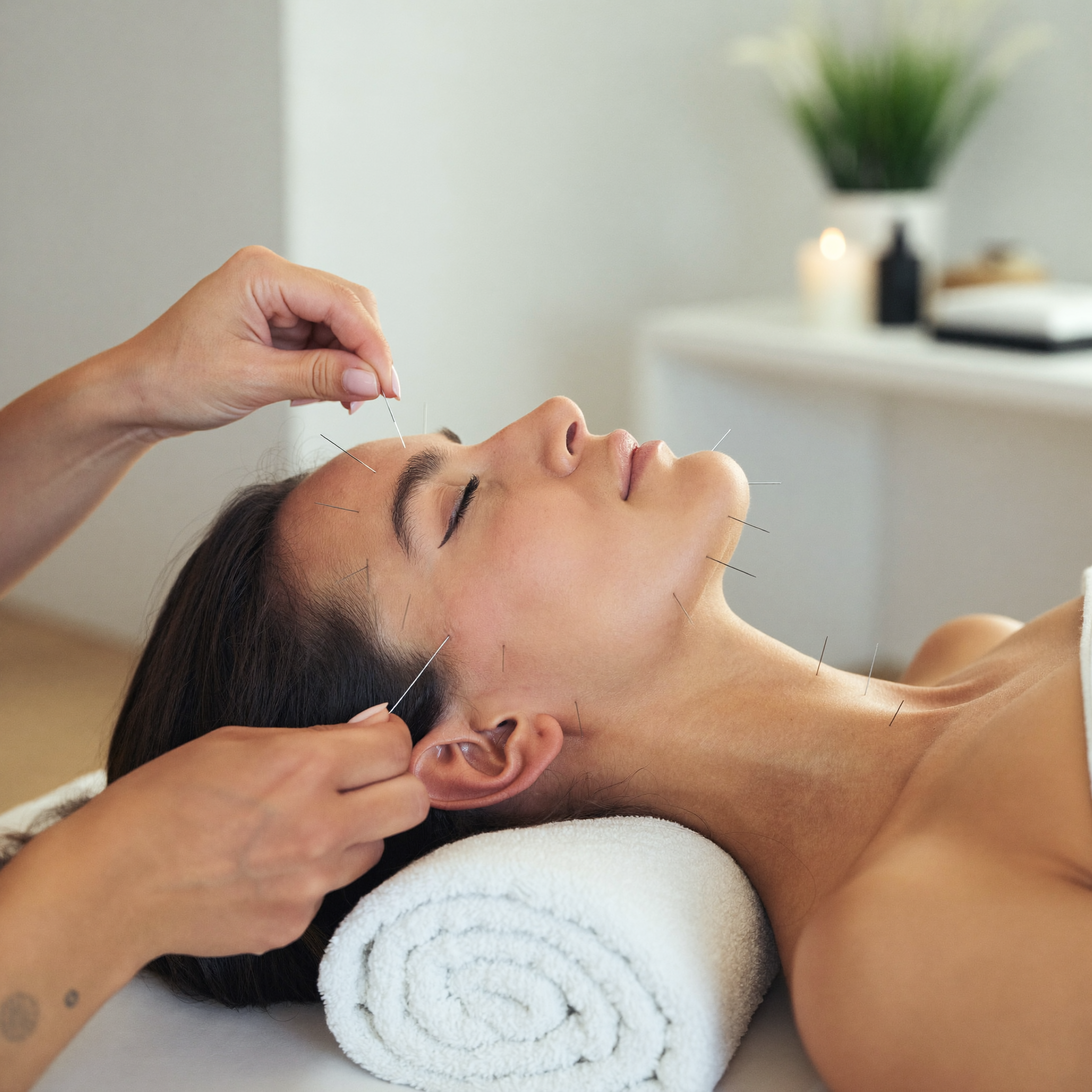Cosmetic acupuncture treatment during a facial rejuvenation session at Total Health Systems